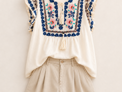 Blouse brodée grande taille – Coupe fluide, manches courtes